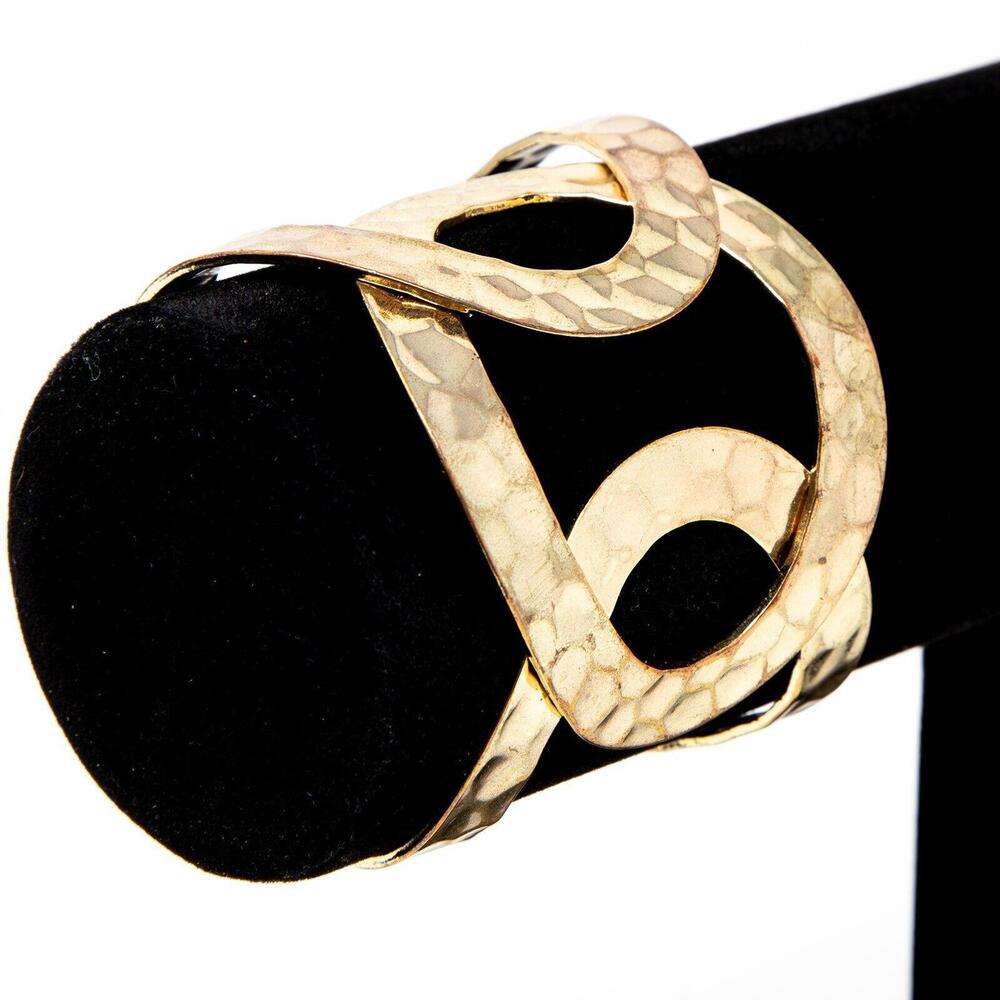 Vintage MCM Modernist Brutalist Hammered Gold Tone Geometric Cuff Link Bracelet